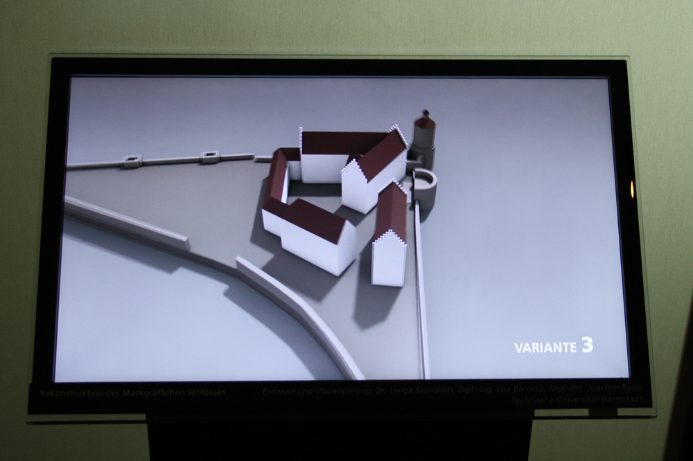 Das Schloss der Markgrafen wie es sich Studierende aus Mainz 2015 vorstellten. 3-D-Simulationen in Varianten in der Ausstellung „Leipzig - Von Anfang an“ im Stadtgeschichtlichen Museum. Foto: Karsten Pietsch