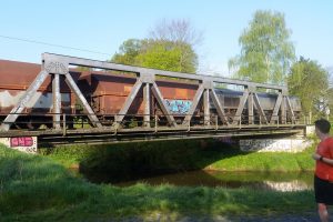 Güterzug auf Brücke.