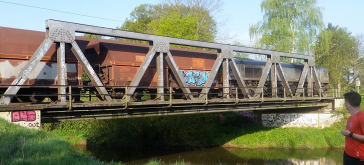 Güterzug auf Brücke.