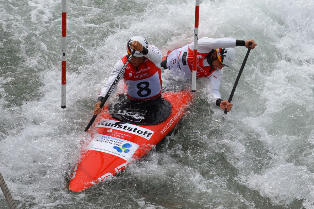 Der amtierende Weltmeister im Zweier-Canadier Franz Anton und Jan Benzien. Foto: Kanupark Markkleeberg