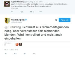 Die Bitte um die Unterbindung der Blendungen auf Twitter & die Antwort der Stadt Leipzig am 5. November 2015. Screenshot: Twitter, Stadt Leipzig