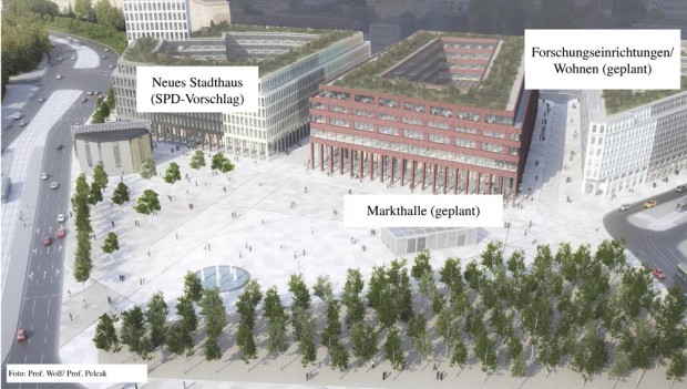 Eine vage Vision: Der alte Entwurf von Wolf / Pelcak, in den die SPD-Fraktion einfach mal den neuen Verwaltungssitz eingemalt hat.