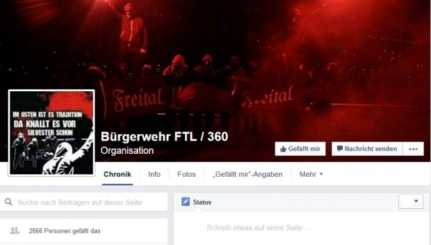 FTL Bürgerwehr in der Selbstdarstellung Ende letzten Jahres bis heute bei Facebook. Sieht aus wie eine Gruppe, gibt sich wie eine Gruppe - dürfte eine Gruppe sein. 2.666 Menschen gefällt das. Foto: Screenshot Facebookseite Bürgerwehr FTL / 360