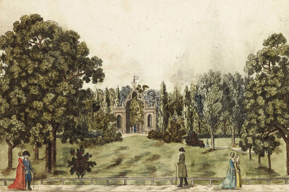 Abbildung von Carl Benjamin Schwarz: Das Gothische Thor von der Park Seite, kolorierte Umrisslinienradierung, um 1800: Foto: Marion Wenzel/Universität Leipzig