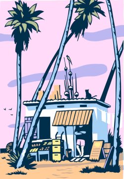 Janta-Island mit Katze und Palmen. Grafik: Phillip Janta