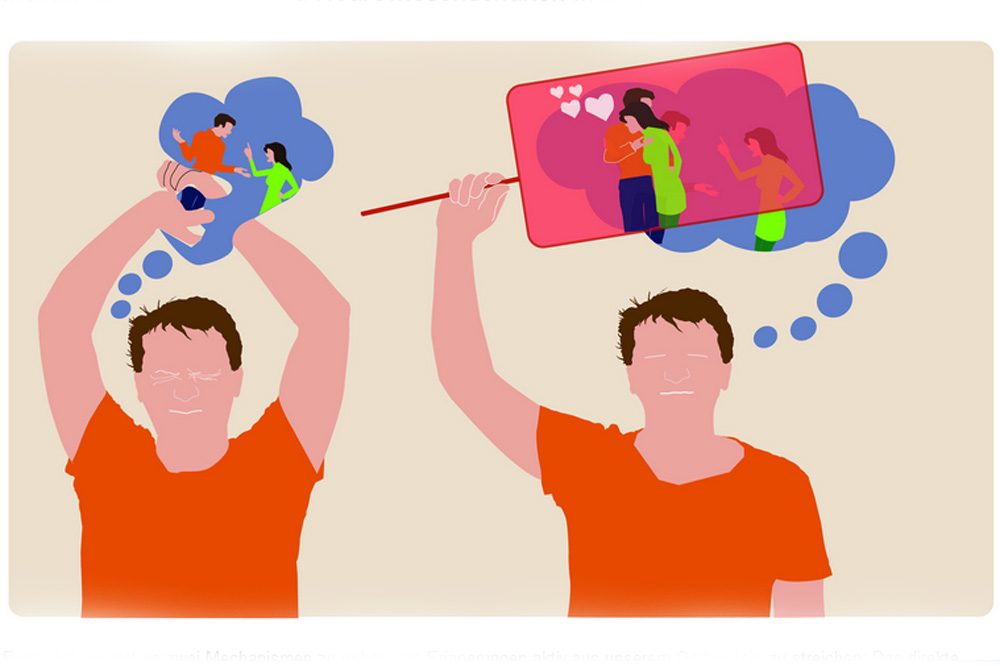 Prinzipiell scheint es zwei Mechanismen zu geben, um Erinnerungen aktiv aus unserem Gedächtnis zu streichen: Das direkte Unterdrücken der ungewollten Erinnerung (links) und das Ersatz-Erinnern (rechts), bei dem der ungewollte Gedächtnisinhalt durch einen anderen ersetzt wird. Grafik: Myriam Benoit