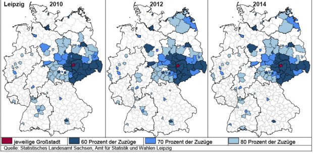 Einzugsgebiet der Leipziger Zuwanderung. Karten: Stadt Leipzig, Amt für Statistik und Wahlen