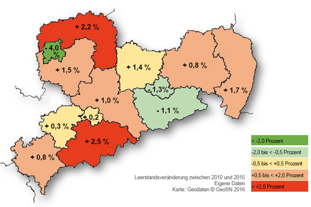 Entwicklung der Leerstandsquote bei sächsischen Wohnungsgenossenschaften. Karte: VSWG
