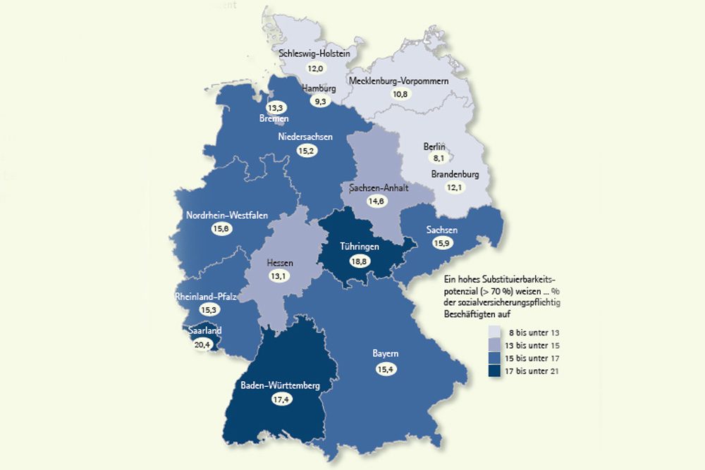 Substituierbarkeitspotenzial nach Bundesländern. Karte: Bundesarbeitsagentur, IAB