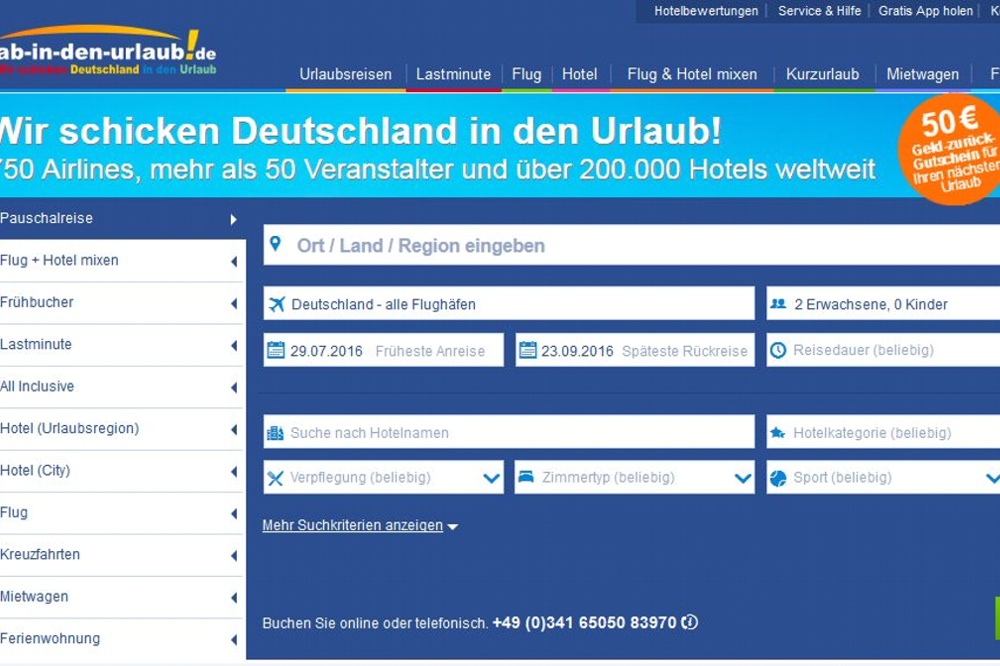 Noch immer beworben mit "40 Prozent Rabatt beim Marktführer" und es gibt weiter Gutscheine. Ab-In-Den-Urlaub.de am 22. Juli 2016. Screen von ab-in-den-urlaub.de