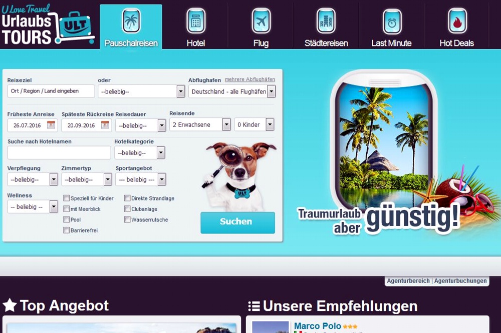 Urlaubstours.de im Netz. Screen von Urlaubstours.de