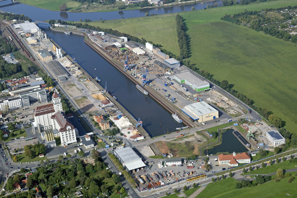 Luftbild Hafen Dresden. Foto: Sächsische Binnenhäfen Oberelbe GmbH
