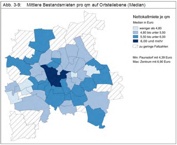 Die mittleren Bestandsmieten in Leipziger Ortsteilen. Grafik: Stadt Leipzig, Bürgerumfrage2015