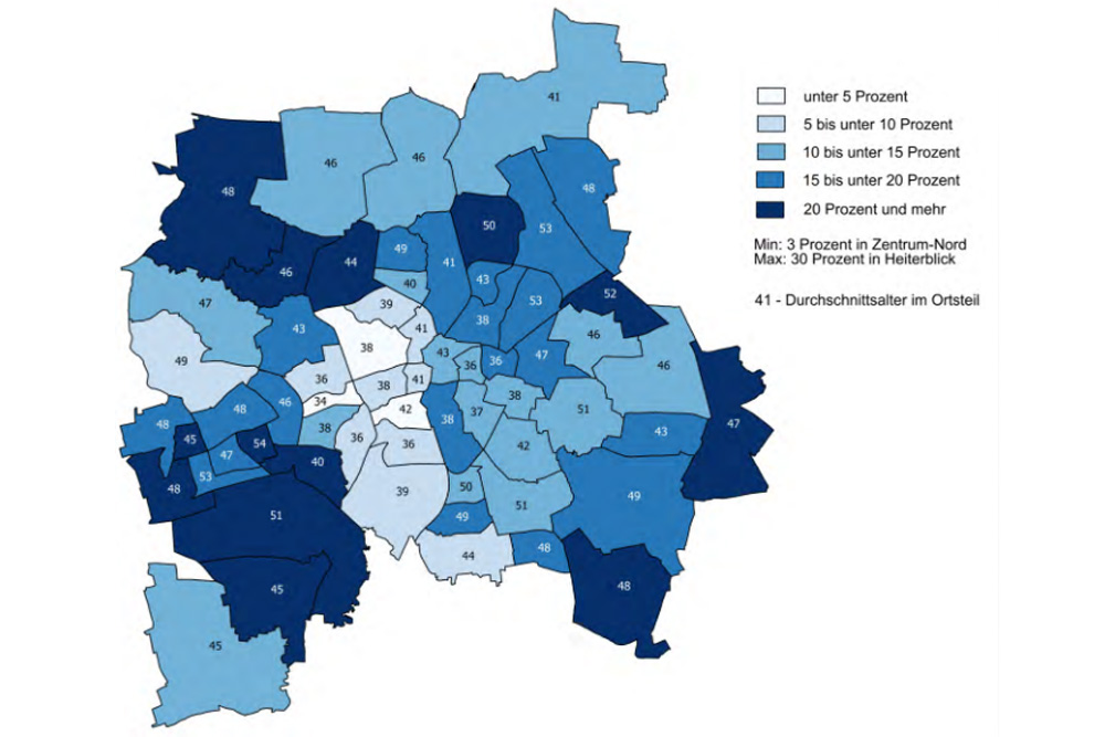 Adipositas und Durchschnittsalter in Leipziger Ortsteilen. Grafik: Stadt Leipzig, Bürgerumfrage 2015