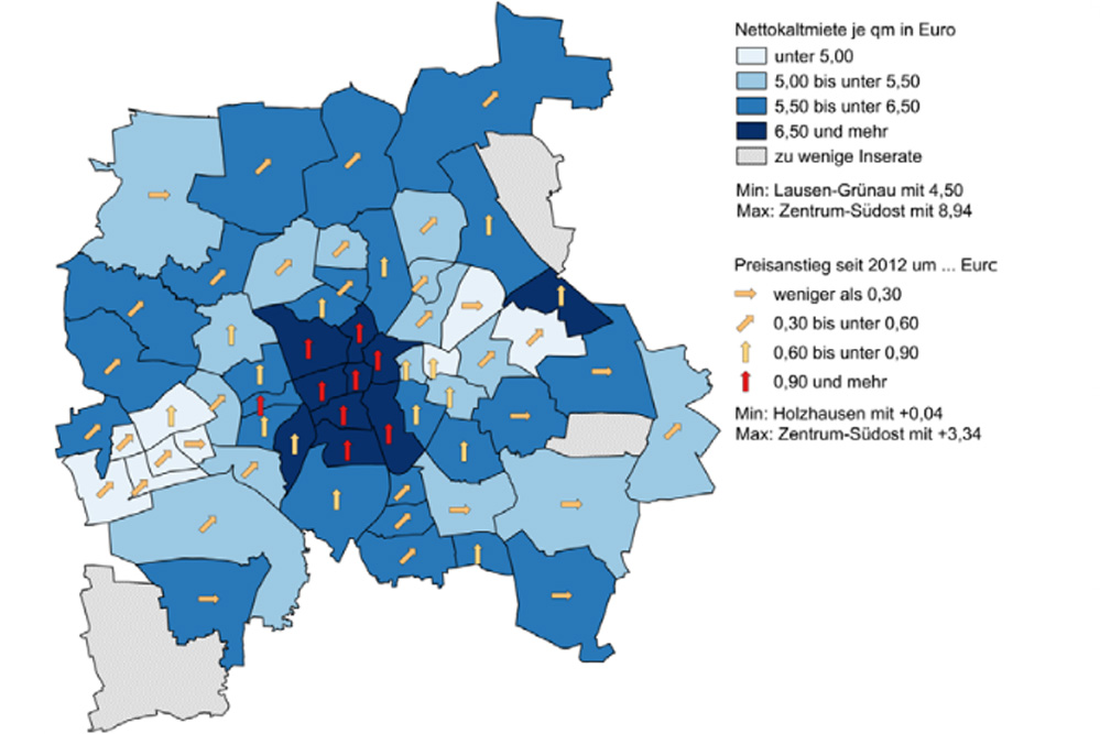 Entwicklung der Angebotsmieten in Leipziger Ortsteilen. Grafik: Stadt Leipzig / Quartalsbericht II/ 2016