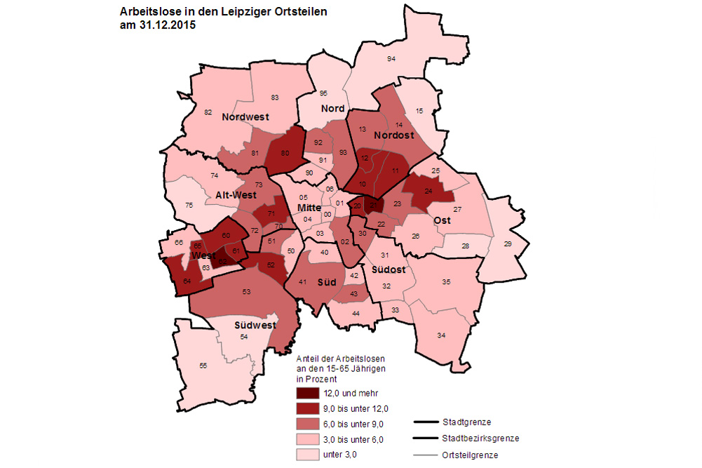 Arbeitslosenquote auf Ortsteilebene. Grafik: Stadt Leipzig, Quartalsbericht II / 2016