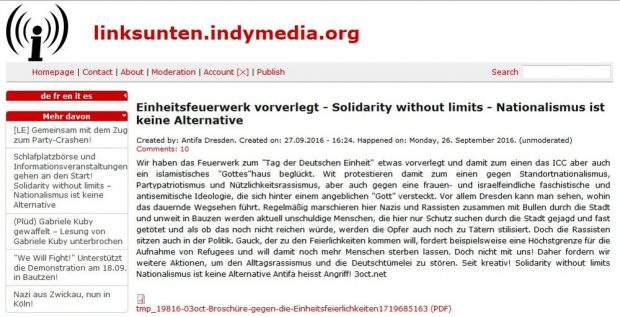 Der Beitrag ist noch übers Google-Archiv auffindbar. Was jedoch am Zweifel über seine Echtheit wenig ändert. Den Namen "Antifa Dresden" kann man frei wählen. Screen: Indymedia Archiv