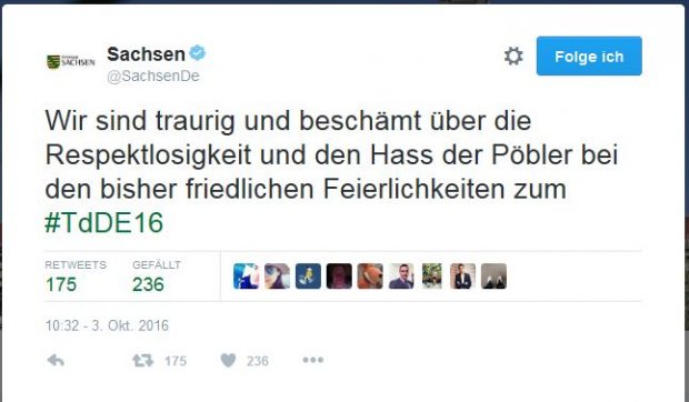 Auf dem Twitteraccount der Staatskanzlei des Freistaates zeigt man sich "beschämt". Screen twitter.com/SachsenDe