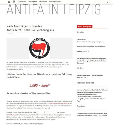 Eine Antifa-Gruppe setzt eine Belohnung aus. Screen Inventati