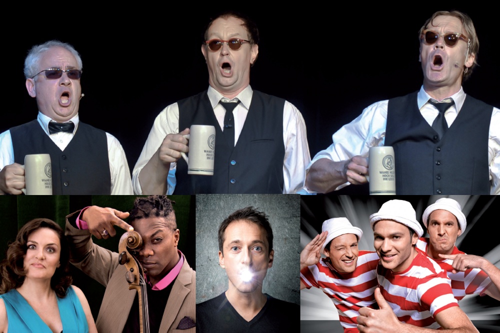 Das Zwinger Trio führt durch den Abend (oben), Stars der Gala (vlnr.) sind Rebecca Carrington & Colin Brown, Martin O. und Starbugs Comedy. Foto: Promo Lachmesse