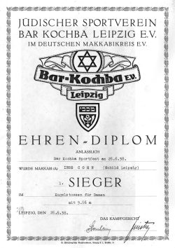 Eines der wenigen Zeitdokumente von Bar Kochba. Ein Ehren-Diplom von 1938 von einem Sportfest von Bar Kochba. Quelle: SML Kopie v. orig. Cohn