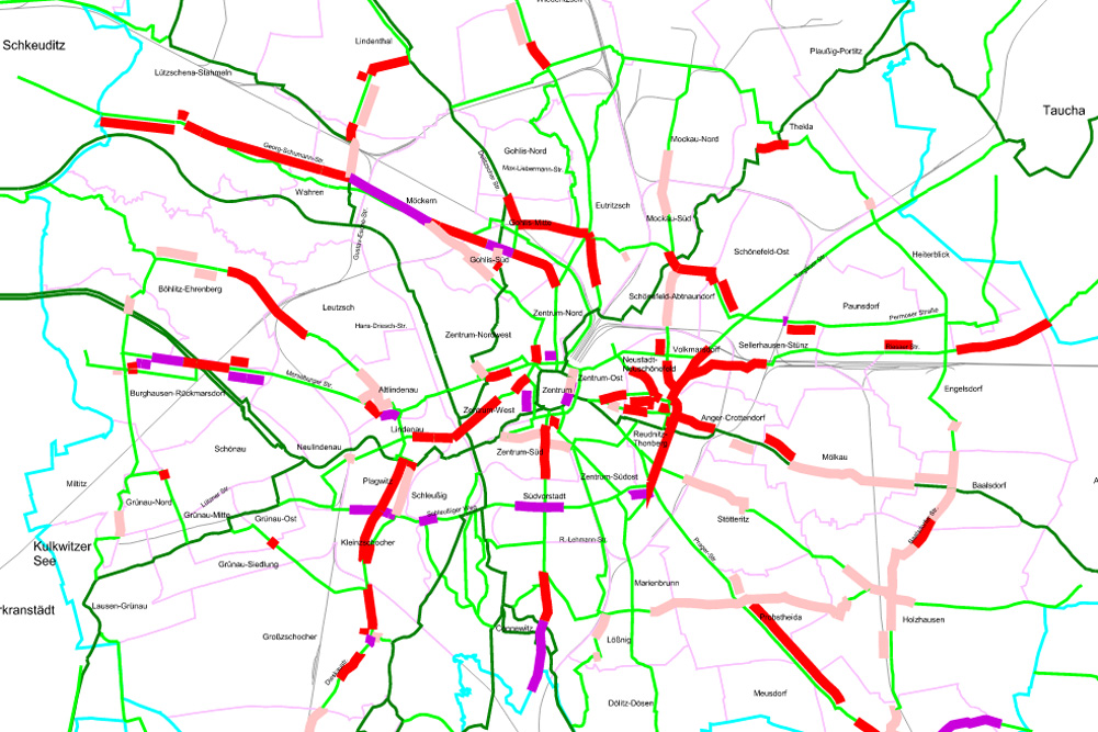 Führungsmängel im Leipziger Radwegenetz 2012. Karte: Stadt Leipzig