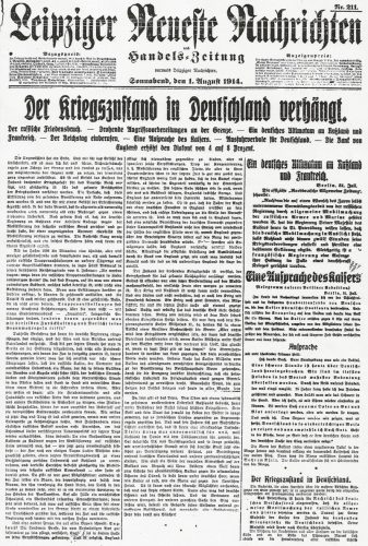 Im I. Weltkrieg zogen viele Juden auf deutscher Seite in den Krieg. Foto: Repro der "Neuesten Leipziger Nachrichten" zum Kriegsbeginn 1914, Stadtarchiv Leipzig