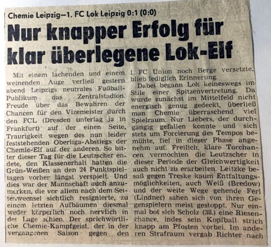Zeitungsausschnitt zum letzten Spiel Lok gegen BSG Chemie. Damals endete es 1:0. Foto: Privat