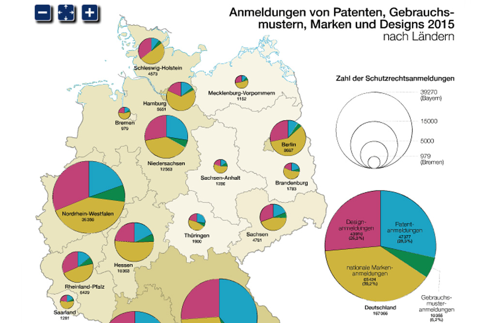 Patentanmeldungen 2015 nach Bundesländern. Grafik: Nationalatlas, IfL