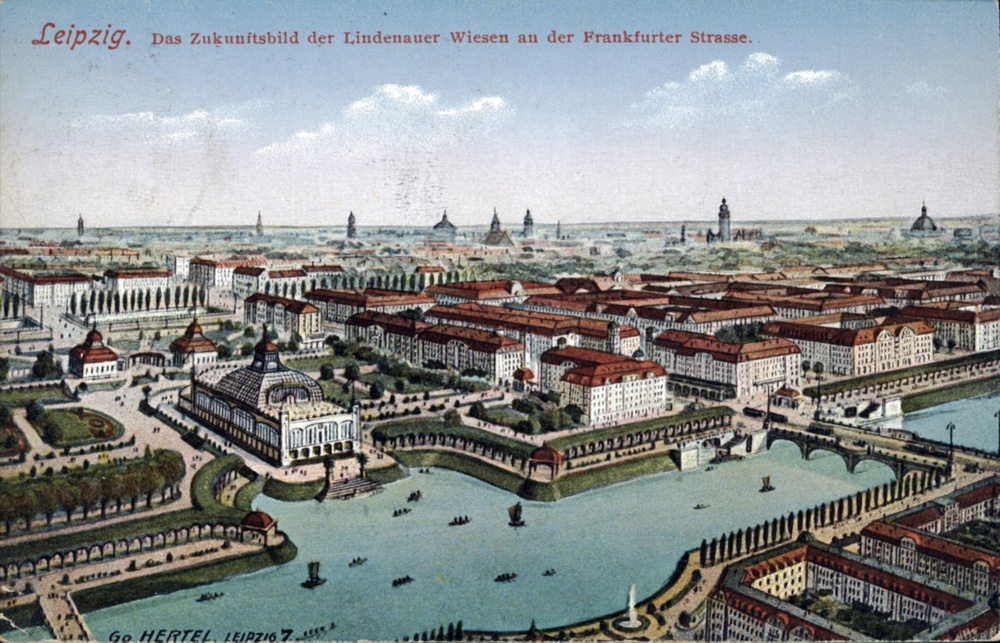 Blick auf den Westen von Leipzig (Planungsskizze, nicht alles wurde auch so gebaut) im beginnenden 20. Jahrhundert. Zu sehen ist unter Anderem die heutige Jahnallee. Bild: Stadtarchiv Leipzig