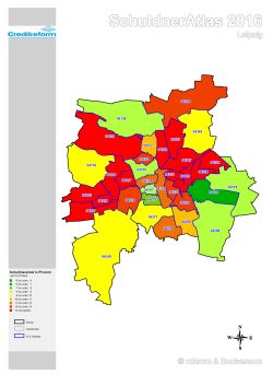 Die Schuldnerquote in Leipzig nach Ortsteilen 2016. Karte: Creditreform SchuldnerAtlas