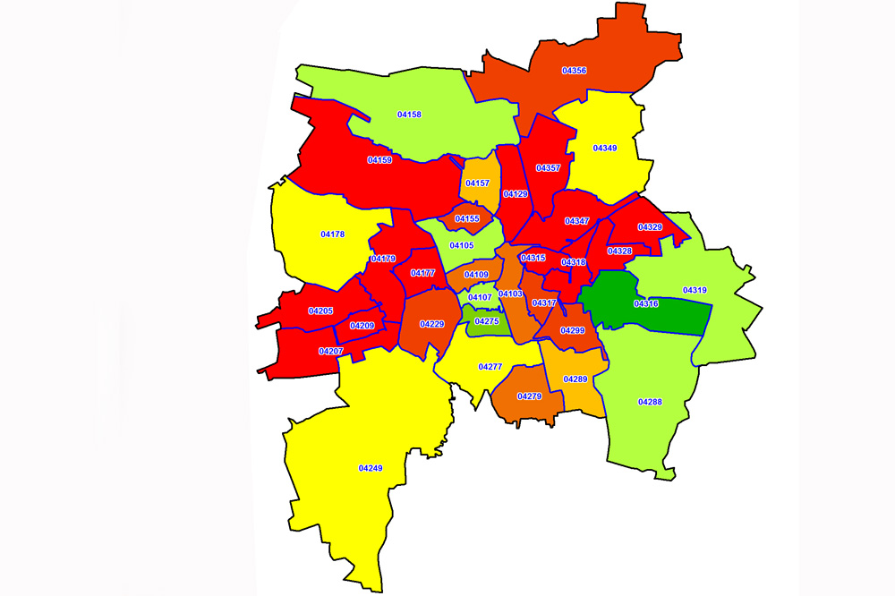 Die Schuldnerquote in Leipzig nach Ortsteilen 2016. Karte: Creditreform SchuldnerAtlas