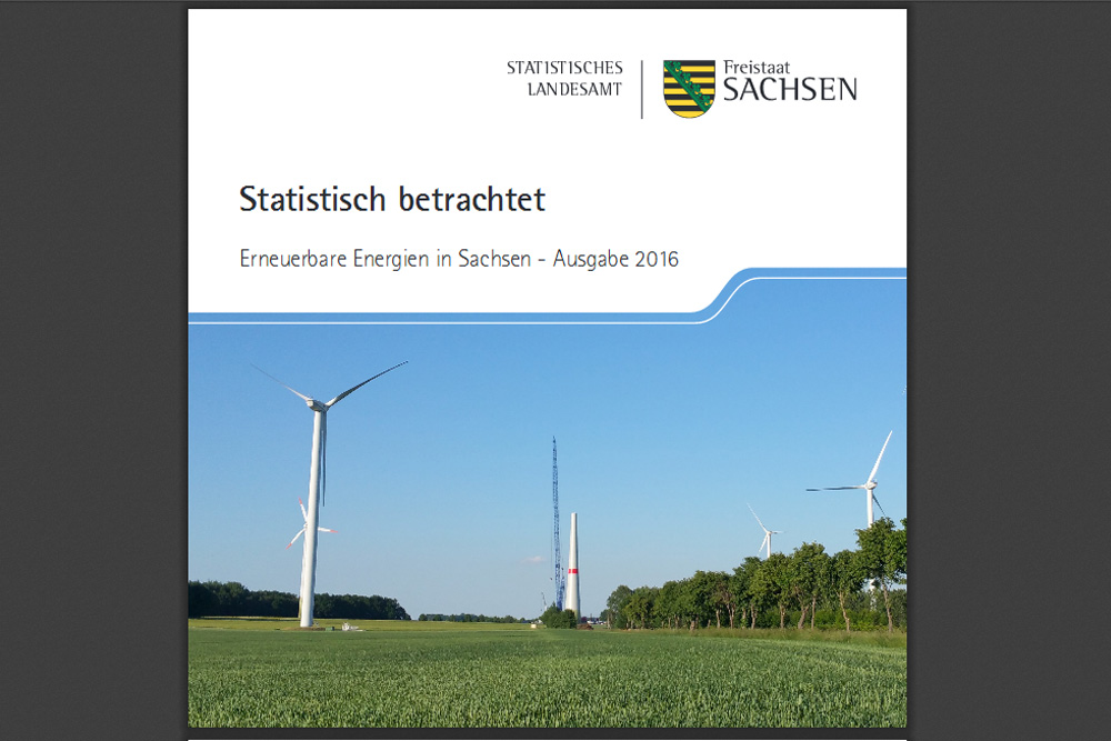Broschüre „Erneuerbare Energien in Sachsen – Ausgabe 2016“, Cover: Freistaat Sachsen, Statistisches Landesamt