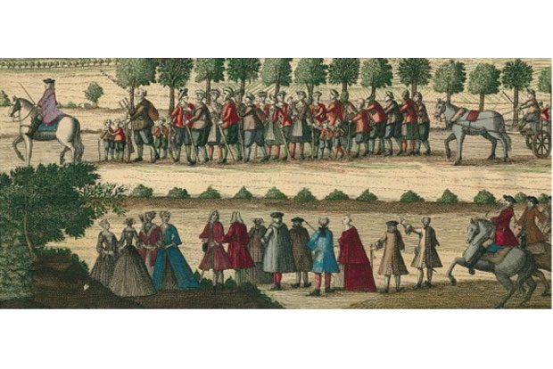 Evangelisch-lutherische Glaubensflüchtlinge aus dem Salzburger Land auf der Durchreise in Leipzig, Kupferstich 1732, Stadtgeschichtliches Museum