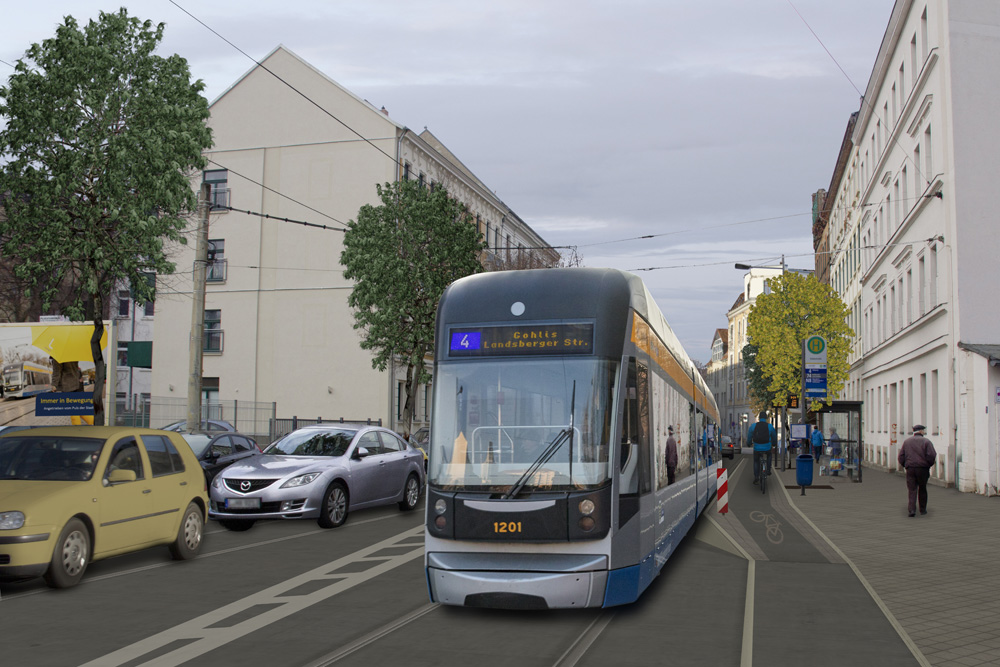 Künftige LVB-Haltestelle Kolmstraße in der Holzhäuser Straße. Visualisierung: LVB