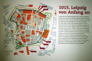 Karte des mittelalterlichen Leipzig aus der Ausstellung „Leipzig von Anfang an“ im Stadtgeschichtlichen Museum. Archivfoto: Ralf Julke