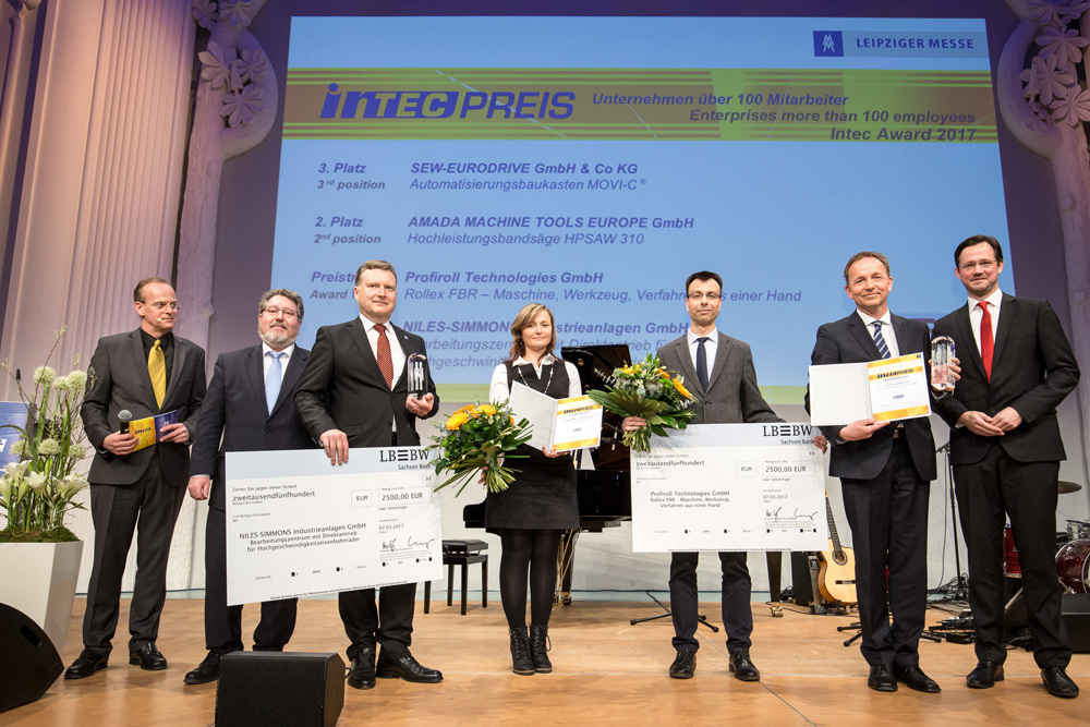 Preisträger Intec-Preis Kategorie „Unternehmen über 100 Mitarbeiter“: Profiroll Technologies GmbH und NILES-SIMMONS Industrieanlagen GmbH. Foto: Leipziger Messe GmbH/Uwe Frauendorf