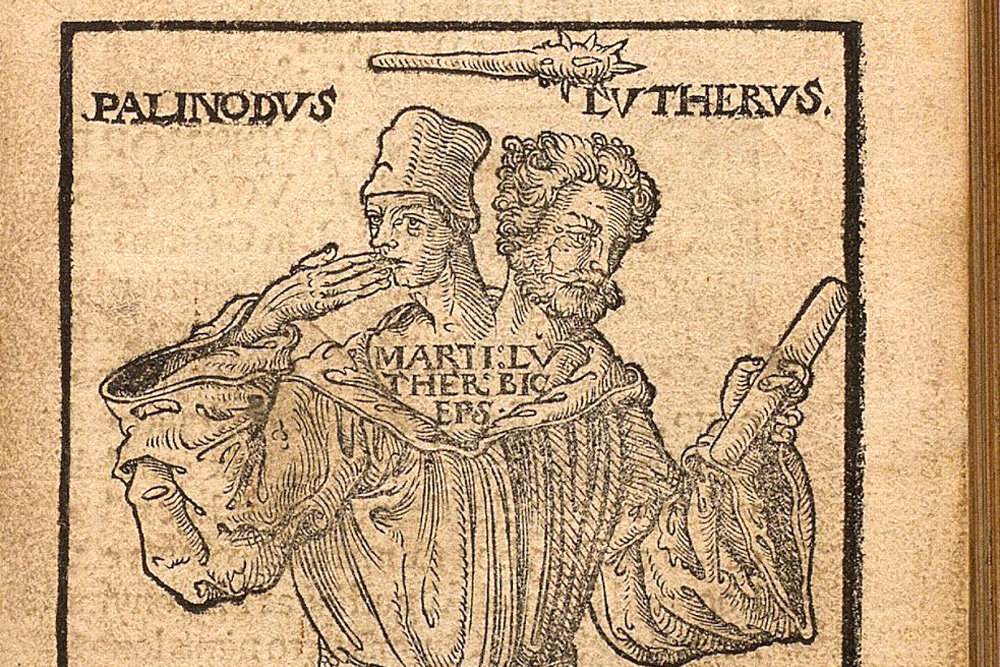 Holzschnitt: Luther als Doppelkopf. Foto: Universitätsbibliothek Leipzig