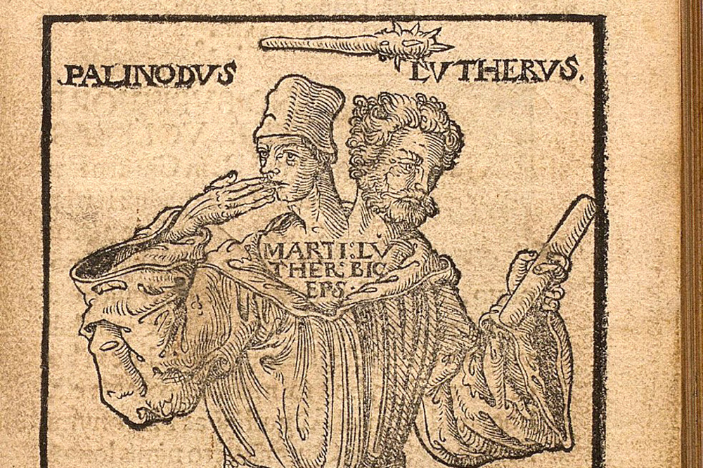Holzschnitt: Luther als Doppelkopf. Foto: Universitätsbibliothek Leipzig