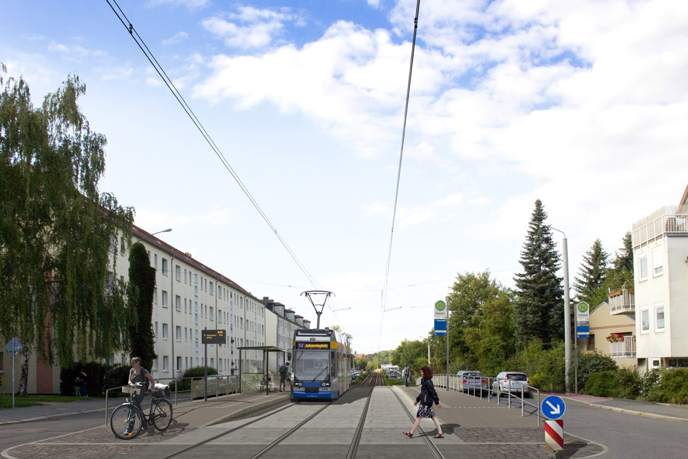 Die künftige Haltestelle Baaderstraße in der Virchowstraße. Visualisierung: LVB