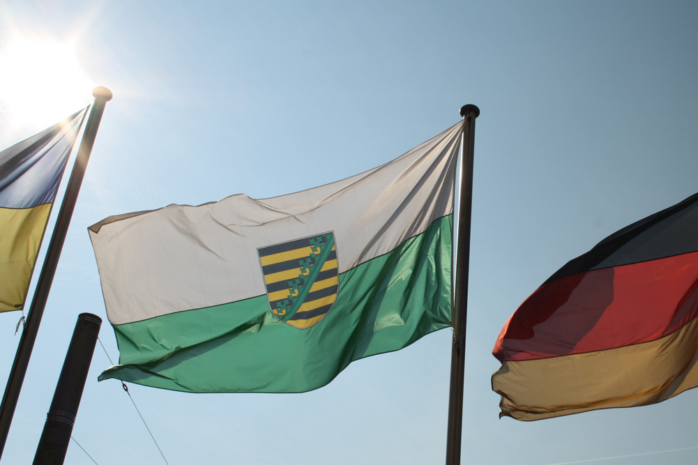Sachsen-Fahne im Sonnenschein. Foto: Ralf Julke