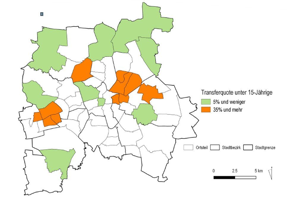 Leipziger Ortsteile nach SGB-II-Quote für unter 15-Jährige. Grafik: Stadt Leipzig, Bildungsreport 2016