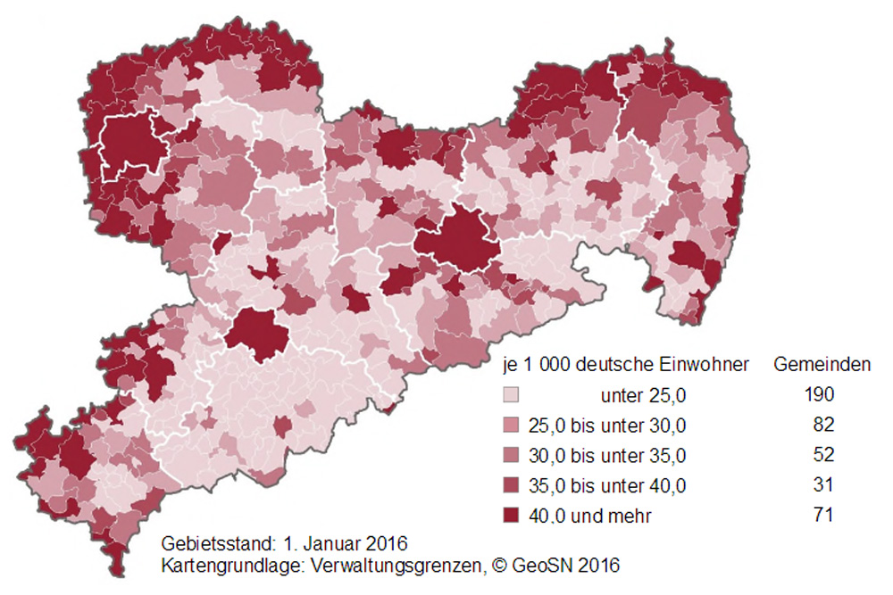 Zuzüge aus dem Bundesgebiet 2011 bis 2016 nach Gemeinden. Grafik: Freistaat Sachsen, Statistisches Landesamt