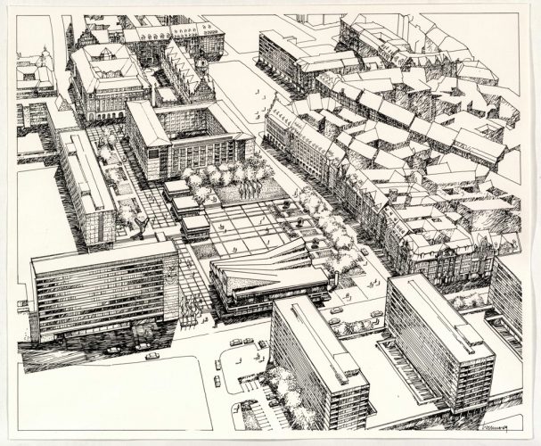 Sachsenplatz mit Informationszentrum. Entwurf von Hans-Dietrich Wellner (1969). Foto: Stadtarchiv Leipzig