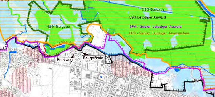 Ausschnitt aus der Schutzgebietskarte der Stadt mit Forstweg und Baugelände. Karte: Stadt Leipzig