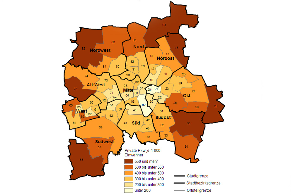 Bestand an Pkw je 1.000 Einwohner. Karte: Stadt Leipzig, Quartalsbericht 1 / 2017