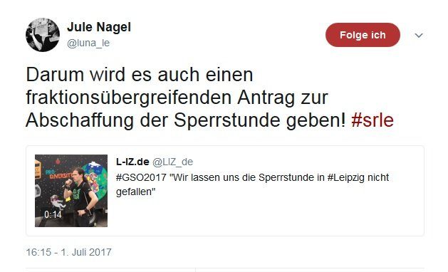 Prompter Hinweis auf Twitter zur "Sperrstunde". Screen Twitter, Juliane Nagel