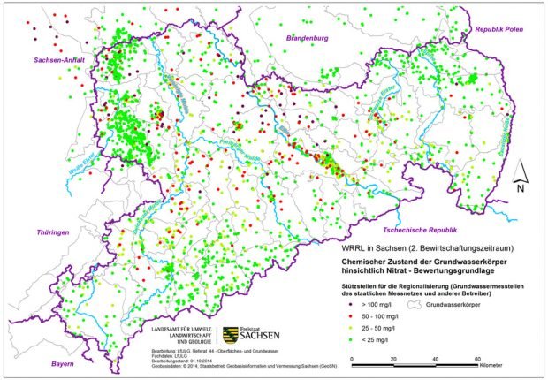 Nitratbelastung in sächsischen Grundwassermessstellen 2014. Karte: Freistaat Sachsen, LfULG