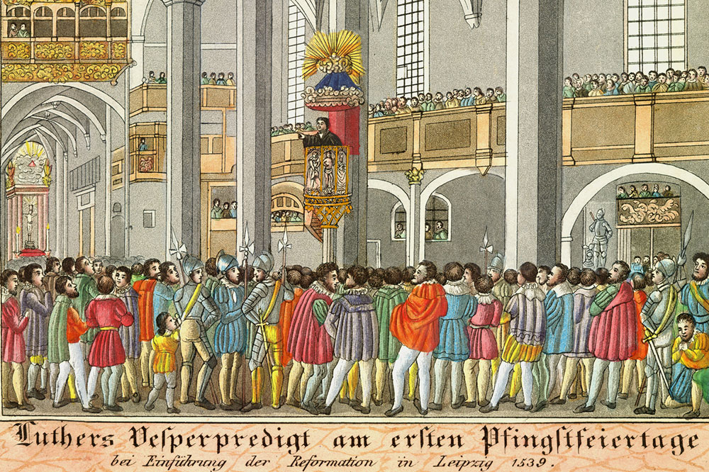 Luthers Vesperpredigt am ersten Pfingstfeiertag bei Einführung der Reformation in Leipzig 1539, unbekannter Künstler, 1839. Foto: Stadtgeschichtliches Museum