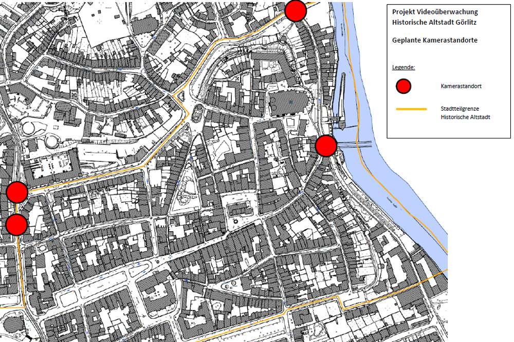 Die geplanten Kamerastandorte in Görlitz. Grafik: Polizeidirektion Görlitz